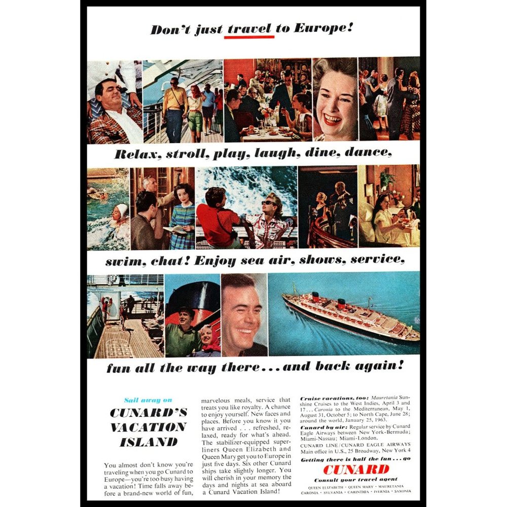 1962 Cunard Cruises Vacation Island Cruise Ship Vintage Print Ad Europe Wall Art